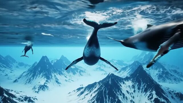 Humpback whales gracefully swim underwater, mountains visible through the crystal-clear water.