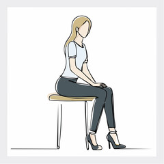 commercial use royalty free svg vector illustration of a minimalist female fashion model sitting on a stool, modern stylish line art for apparel, editorial, and branding projects
