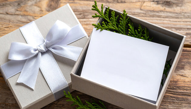 Gift box with grey ribbon and empty card on wooden background for special occasion celebration