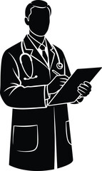 Vector art of doctor with stethoscope writing on clipboard isolated on white background