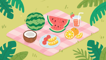A cheerful summer picnic scene featuring watermelon, oranges, coconut, and a refreshing juice drink, set on a pink checkered blanket amidst lush green grass and tropical leaves.