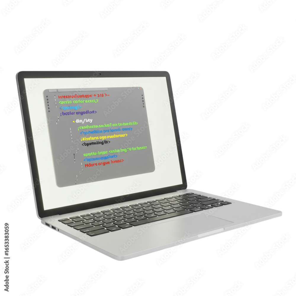 Fototapete modern laptop displaying colorful code snippets against a stark black background