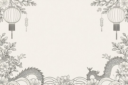 A vintage-style illustration featuring a dragon, lanterns, and floral elements, creating an ornate traditional border.
