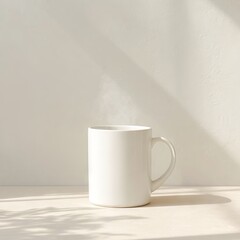 Fototapeta premium White ceramic mug placed on a light surface, with soft shadows and natural light creating a serene atmosphere, ideal for showcasing beverages or branding concepts