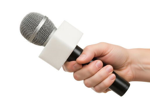 Hand holding a news interview microphone with white logo area