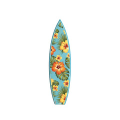 Vibrant surfboard adorned with a colorful tropical floral pattern on a black background