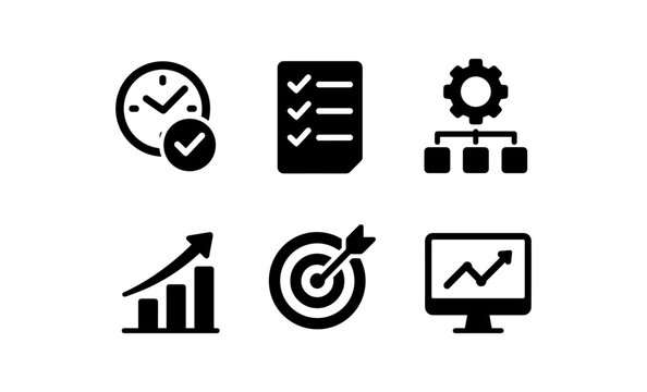 Set of business and productivity icons: checklist, gear, and analytics symbols