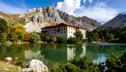 Fototapeta premium Scenic alpine lake with a grand castle