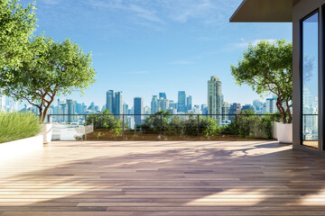 Modern contemporary style empty wooden terrace with city view background 3d render