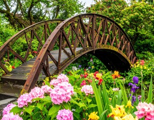 Ornate metal bridge over a flower-filled garden