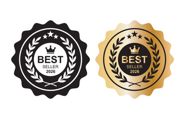 Best seller 2026 award badge in gold and black. Laurel wreath Rounded Circle Serrated Edge Decoration vector isolated for Premium Quality product, book cover label or your the Best selling product. 