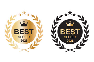 Best seller 2026 award badge in gold and black. Laurel wreath Rounded Circle Serrated Edge Decoration vector isolated for Premium Quality product, book cover label or your the Best selling product. 