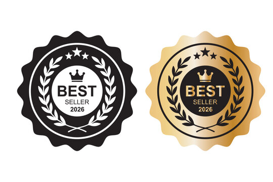 Best seller 2026 award badge in gold and black. Laurel wreath Rounded Circle Serrated Edge Decoration vector isolated for Premium Quality product, book cover label or your the Best selling product. 