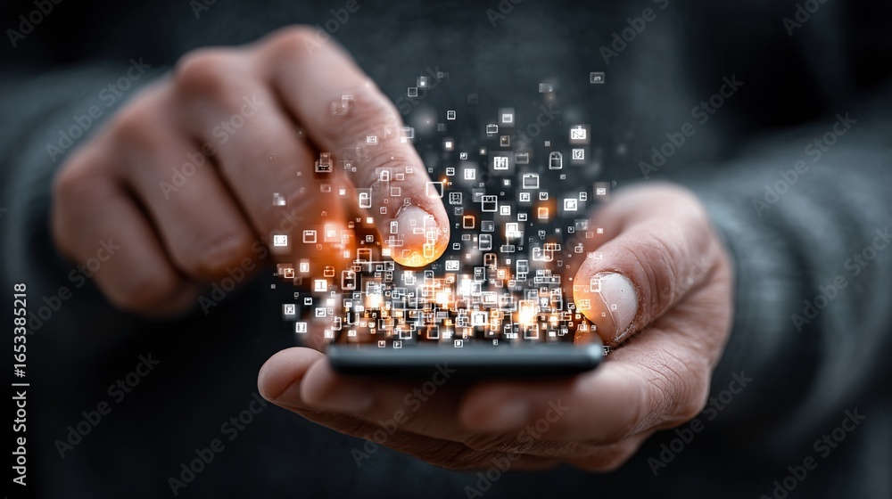 Aufkleber a person holding a cell phone with multiple small squares emerging from its display screen