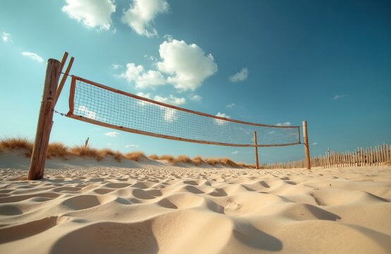 Beach volleyball net stands on sandy court next to dunes under clear blue sky with clouds. Dry grass and wooden fence visible. Scene ready for summer sport and leisure activities by the ocean. - Powered by Adobe