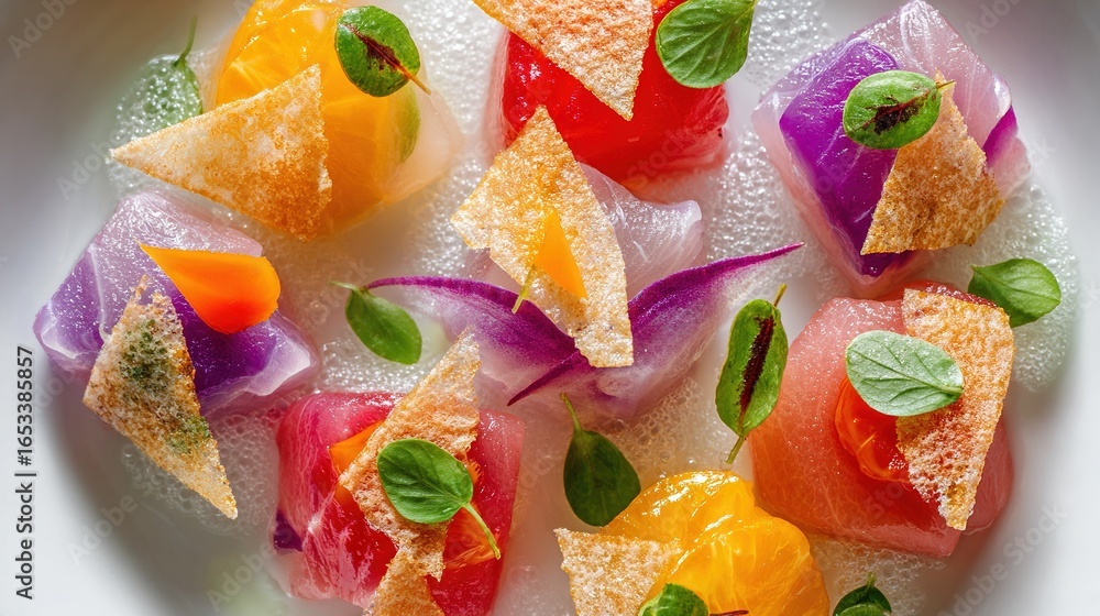 Poster a close-up of a platter of diverse dishes, adorned with an array of various garnishes on top