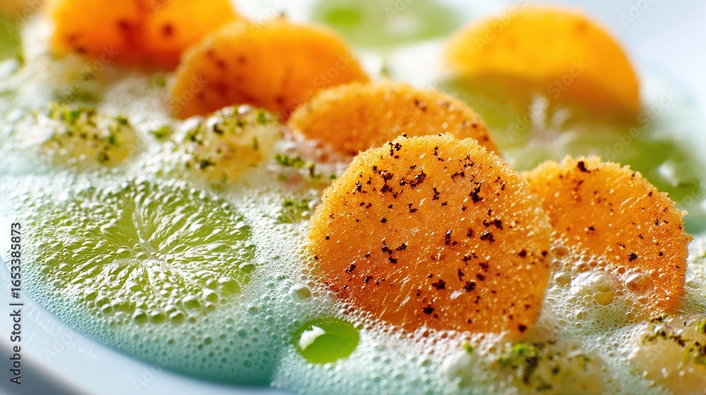 Poster a macro shot of a platter with orange segments and broccoli florets strewn over it