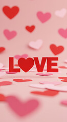 Red love letters standing on pink background with heart shapes  
