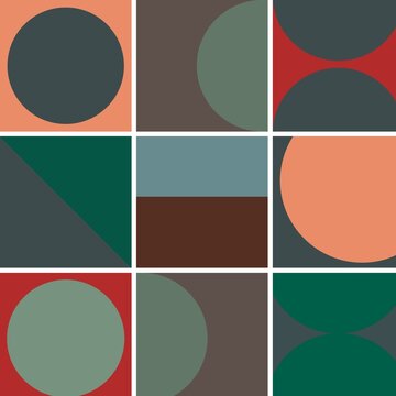 Illustration of a geometric abstract artwork composed of bold circles, semicircles, triangles, and rectangles in earthy tones of red, green, gray, and peach, arranged in a 3x3 modern grid pattern.