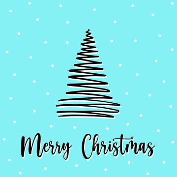 Hand drawn spruce tree postcard in swirl style with snowflakes on blue background. Minimalist xmas postcard with festive design. Perfect for sending warm holiday wishes in beautiful postcard. Pine.