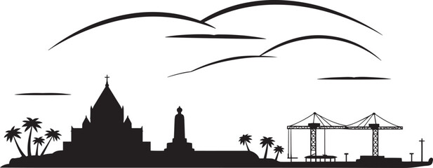 Silhouette of Coastal Cityscape with Palm Trees, Buildings, and Cranes on Transparent Background