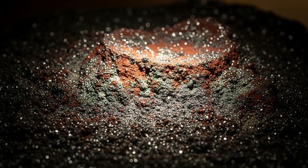 Close up of a volcanic rock formation with shimmering mineral deposits