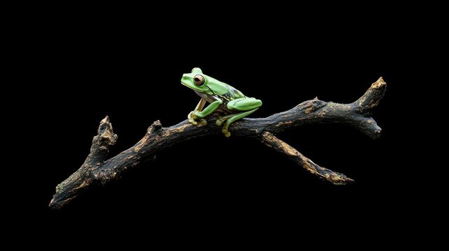 Green Tree Frog Perched on Branch Against Black Background