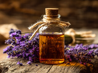 Aromatic essential oil in a glass bottle with lavender flowers in a rustic setting