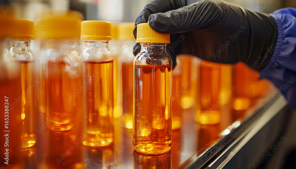 Poster laboratory technician handling sample bottles of amber-colored liquid in a secure workspace