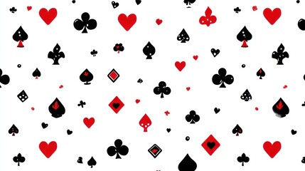 Fototapeta na wymiar A repeating pattern of playing card suits in red and black against a white background