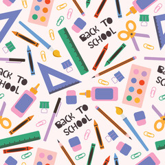 Hand drawn seamless pattern with stationery and office supplies in flat style. Background with school and office objects and business workflow items. Colorful backdrop with crayons and rulers