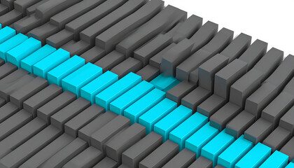 Obraz premium Abstract 3D rendering: Modern cyan pathway contrasting gray blocks, innovative design, success concept, futuristic technology, clean minimal style, business growth visualization.