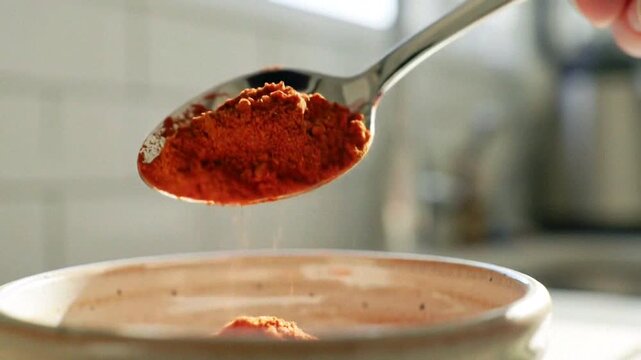 A close-up of a spoonful of vibrant red spice being poured into a bowl in a cozy kitchen setting.