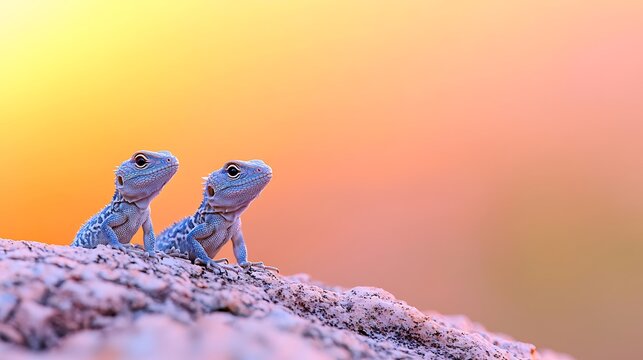 Two small lizards silhouetted against a warm sunset sky