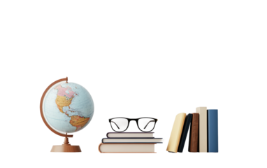3D render of classroom desk with globe books and pencils representing education learning geography knowledge study supplies and academic school environment isolated on transparent background PNG