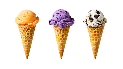 Photo of three ice cream cones isolated on transparent background