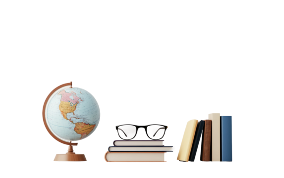 3D render of classroom desk with globe books and pencils representing education learning geography knowledge study supplies and academic school environment isolated on transparent background PNG - Powered by Adobe