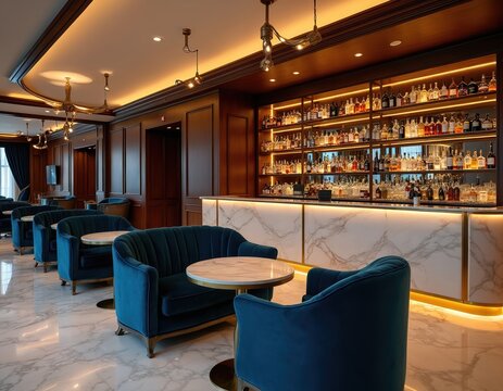 Luxurious hotel bar features plush blue velvet seating, marble countertops, extensive collection of fine wines, spirits. Elegant ambiance with warm lighting creates refined atmosphere for relaxation,