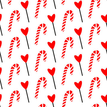 Festive candy cane seamless pattern for kids and adults. Features pink candy, swirl lollipops and heart pops. Candy setting ideal for Easter, Halloween, Valentine and Christmas greeting cards. Wrap