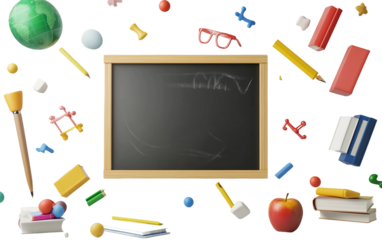 3D render of classroom items floating mid air representing education learning school supplies creativity and academic preparation in an imaginative design concept