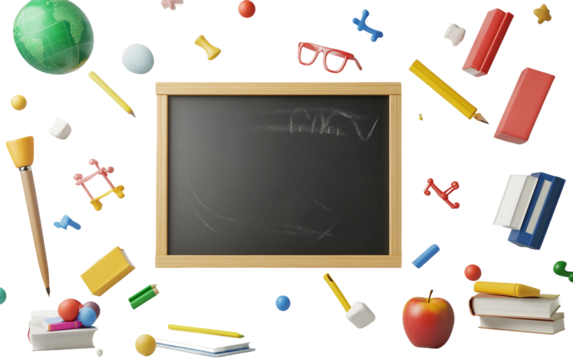 3D render of classroom items floating mid air representing education learning school supplies creativity and academic preparation in an imaginative design concept