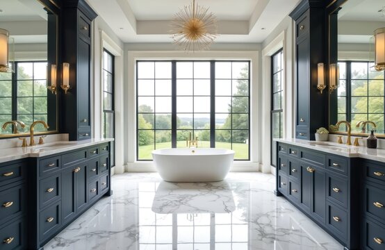 Luxurious master bathroom features freestanding tub centered before large grid window overlooking green landscape. Dark blue cabinetry with gold hardware frames white marble vanities, floors, - Powered by Adobe