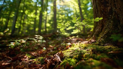 Sunlight filters through forest foliage onto a small sapling.