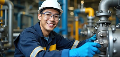 Smiling engineer in blue uniform and white hard hat works on pipeline system in modern gas plant. Technician wears safety glasses and blue gloves, checking industrial equipment with expertise.