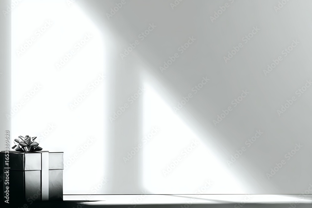 Poster black gift box with a decorative bow sits on a minimalist floor, illuminated by soft light streaming