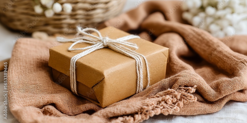Poster brown gift box wrapped in twine placed on a soft fabric surface, surrounded by decorative elements, 