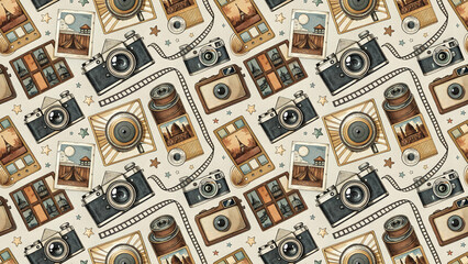 Obraz premium A vintage pattern featuring various cameras and photography elements as a creative background design 