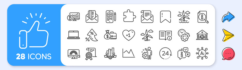 Mail newsletter, Puzzle and Notebook line icons. Interest rate, AI generate, Inflation icons. Pack of Bitcoin chart, Lgbt, Technical info icon. Search, Employee, Teamwork chart pictogram. Vector