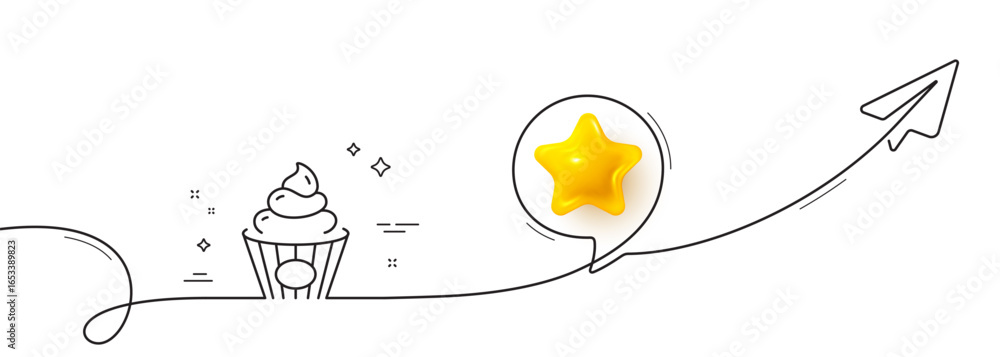 Poster cake line icon. continuous line with share plane. birthday cupcake sign. dessert food symbol. 3d sta