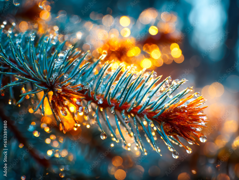 Poster close-up of a frosted pine branch with water droplets and festive bokeh lights in the background